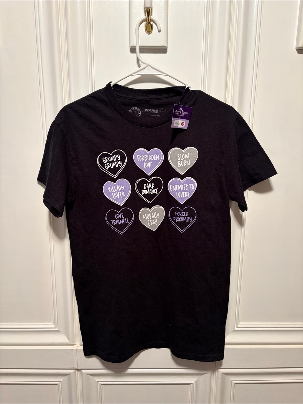 Out of Print Black Tee with Purple and White Heart Sayings